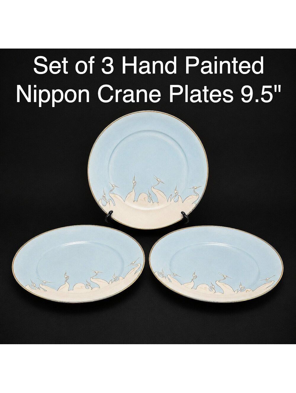Vintage Hand Painted Nippon Crane Plates Set of 3 Blue Gold 10" Japanese